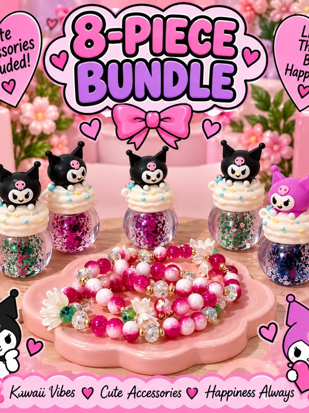 8-Piece 3Pink Bead Bracelet Set with 5 Lip Glosses